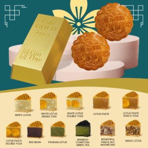 Gin Thye premium mooncakes – gold bar gift box with assorted traditional and modern flavours including white lotus, pandan, bamboo charcoal green tea, red bean, mixed nuts, and more