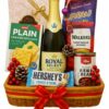 Gin Thye Festive Rattan Delight Hamper with sparkling juice, snacks, chocolates, and nuts in a rattan luggage basket