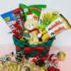 Christmas red basket with chocolates, wafer biscuits, and a mini teddy bear